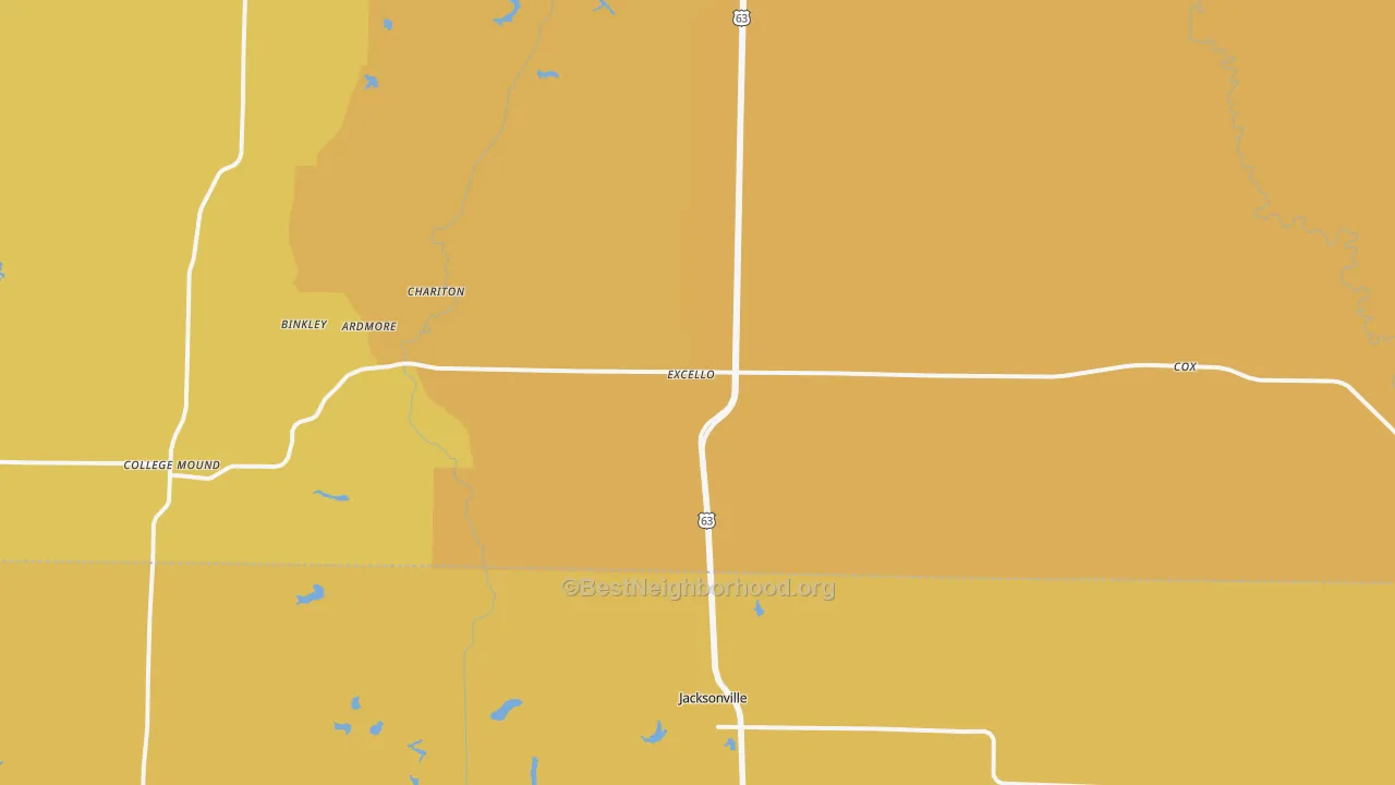Map of the best neighborhoods in the 65247 area, with better matches in green and worse matches in red