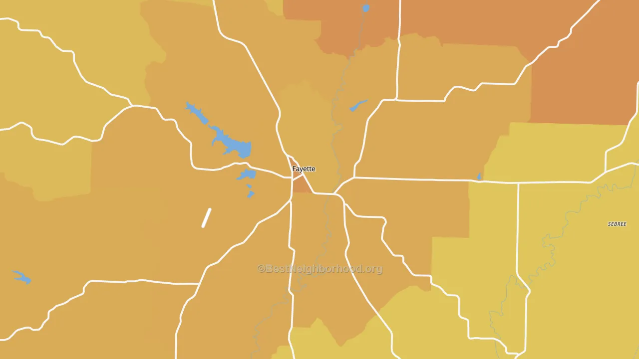 Map of the best neighborhoods in the 65248 area, with better matches in green and worse matches in red