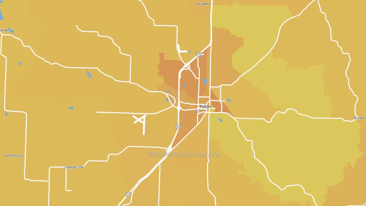 Map of the best neighborhoods in the 65251 area, with better matches in green and worse matches in red