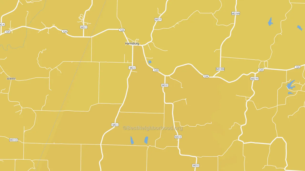 Map of the best neighborhoods in the 65256 area, with better matches in green and worse matches in red