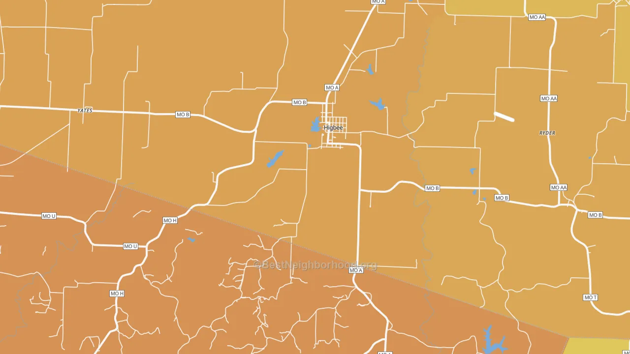 Map of the best neighborhoods in the 65257 area, with better matches in green and worse matches in red