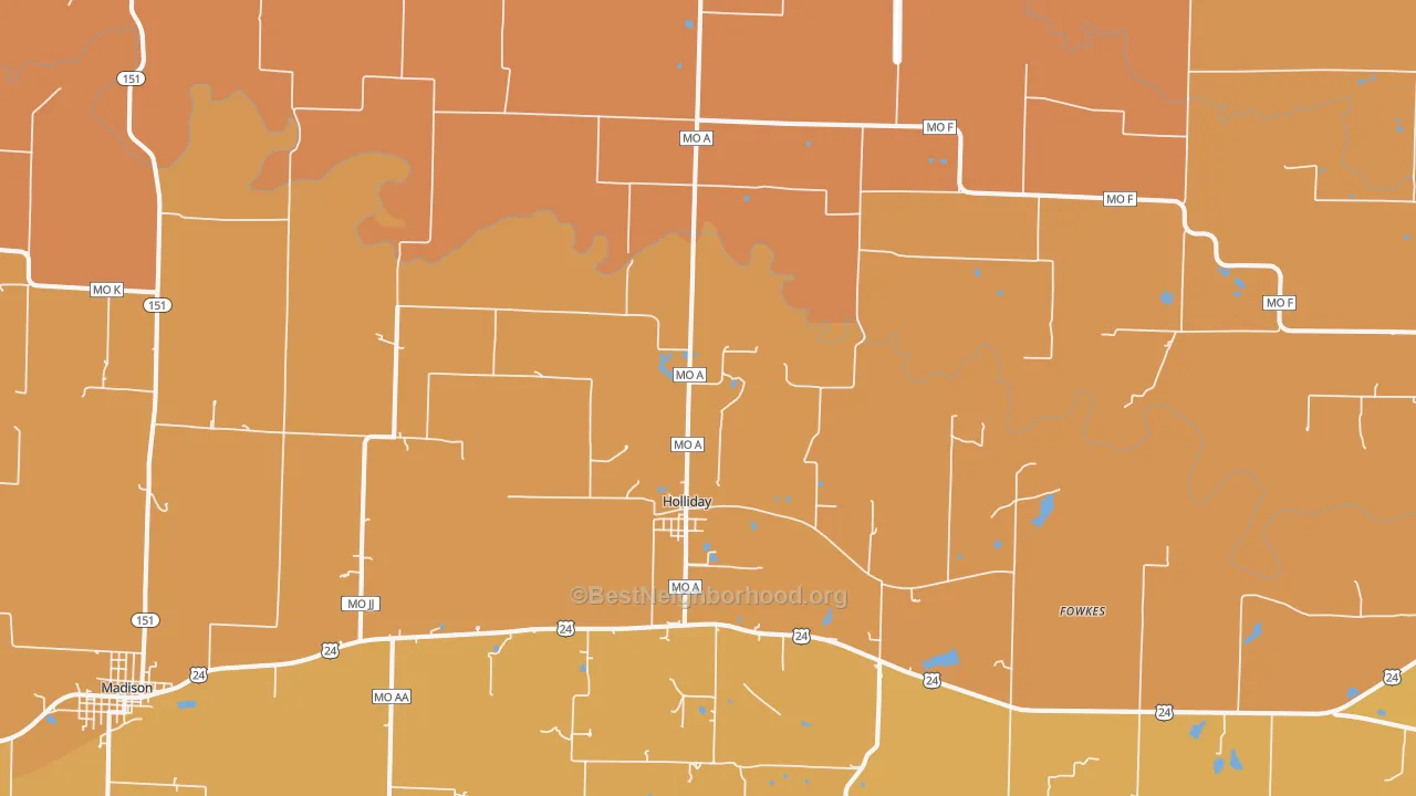 Map of the best neighborhoods in the 65258 area, with better matches in green and worse matches in red