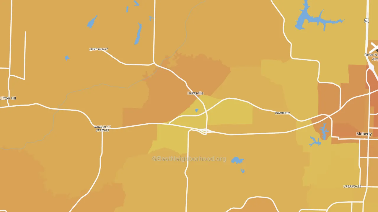 Map of the best neighborhoods in the 65259 area, with better matches in green and worse matches in red