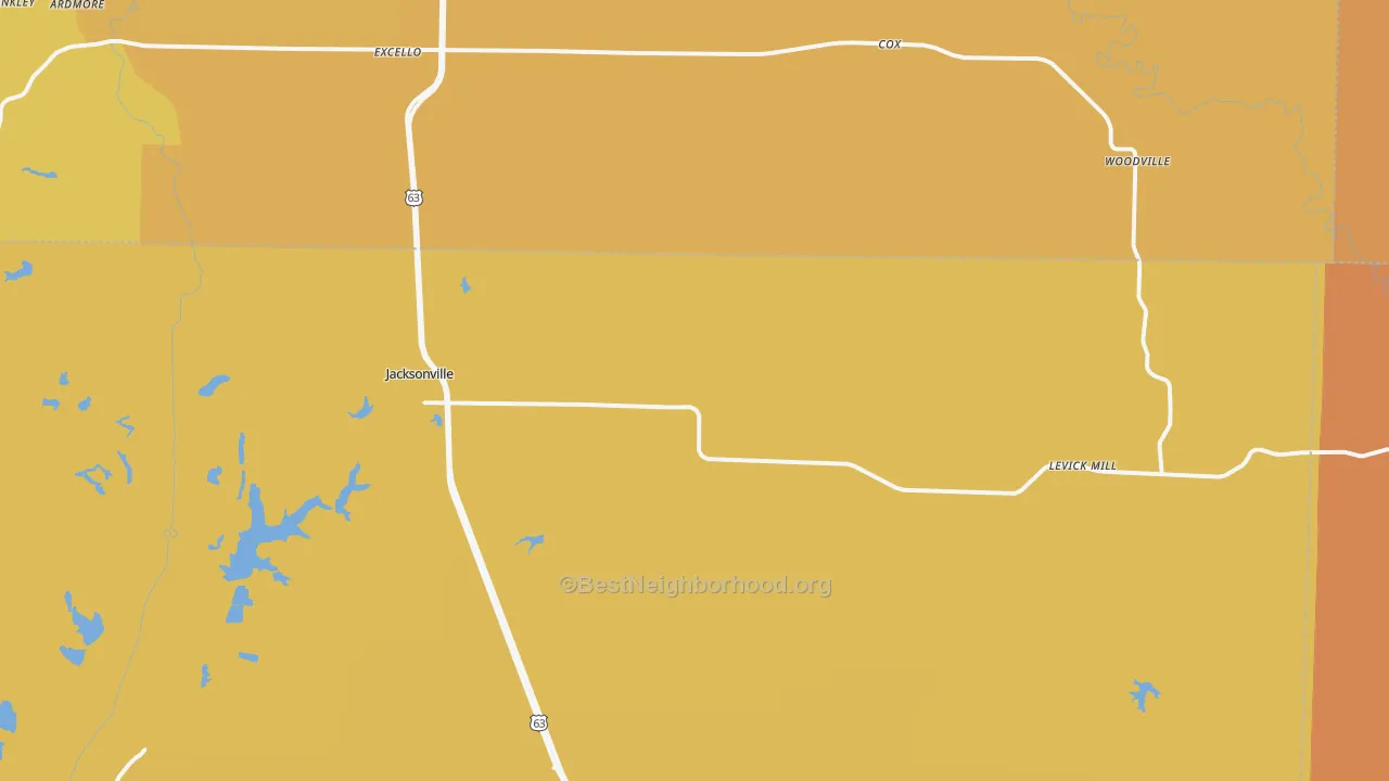 Map of the best neighborhoods in the 65260 area, with better matches in green and worse matches in red