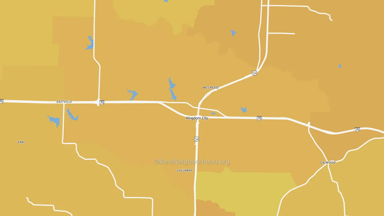 Map of the best neighborhoods in the 65262 area, with better matches in green and worse matches in red