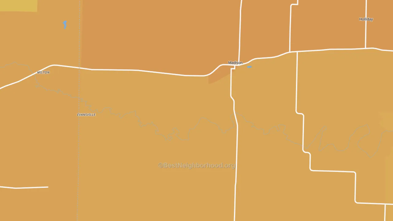 Map of the best neighborhoods in the 65263 area, with better matches in green and worse matches in red
