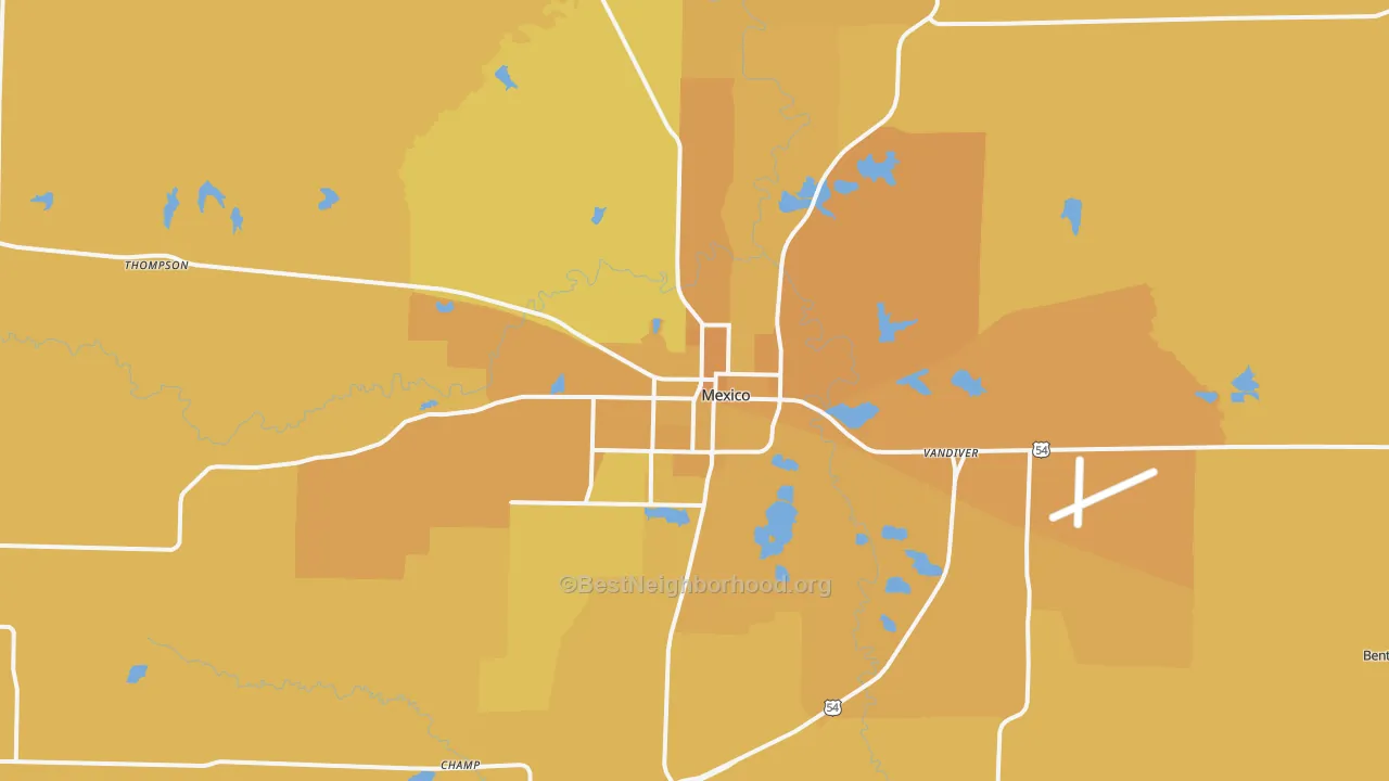 Map of the best neighborhoods in the 65265 area, with better matches in green and worse matches in red