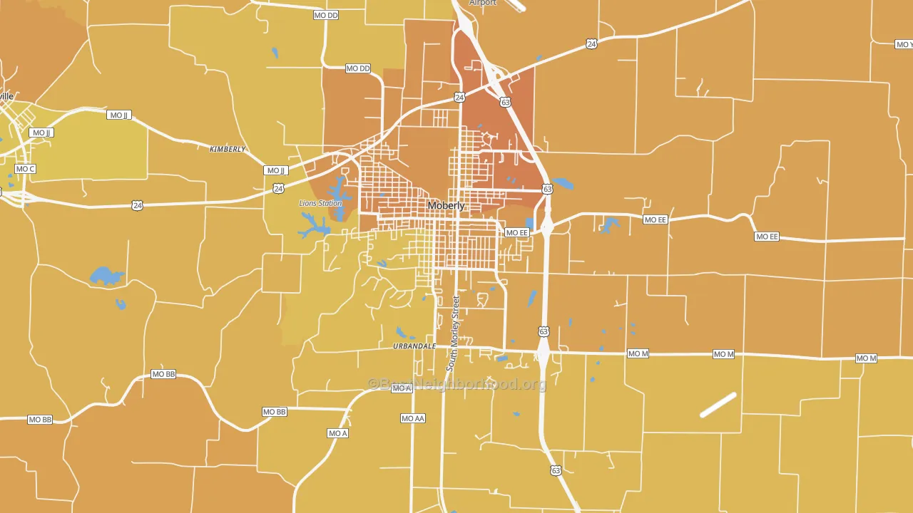 Map of the best neighborhoods in the 65270 area, with better matches in green and worse matches in red
