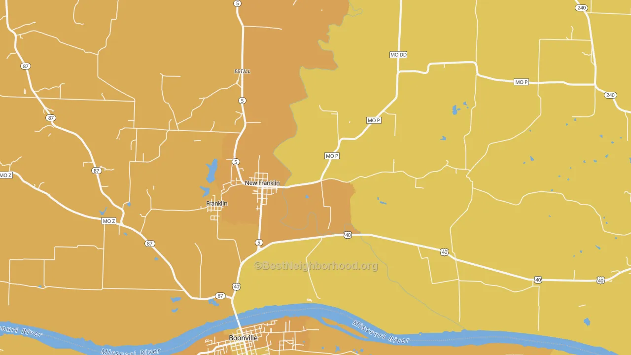 Map of the best neighborhoods in the 65274 area, with better matches in green and worse matches in red