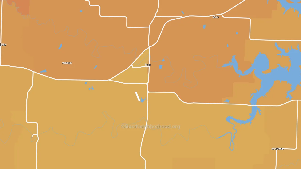 Map of the best neighborhoods in the 65275 area, with better matches in green and worse matches in red