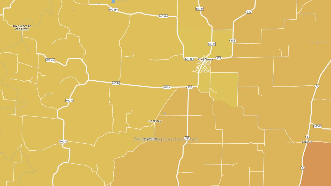 Map of the best neighborhoods in the 65276 area, with better matches in green and worse matches in red