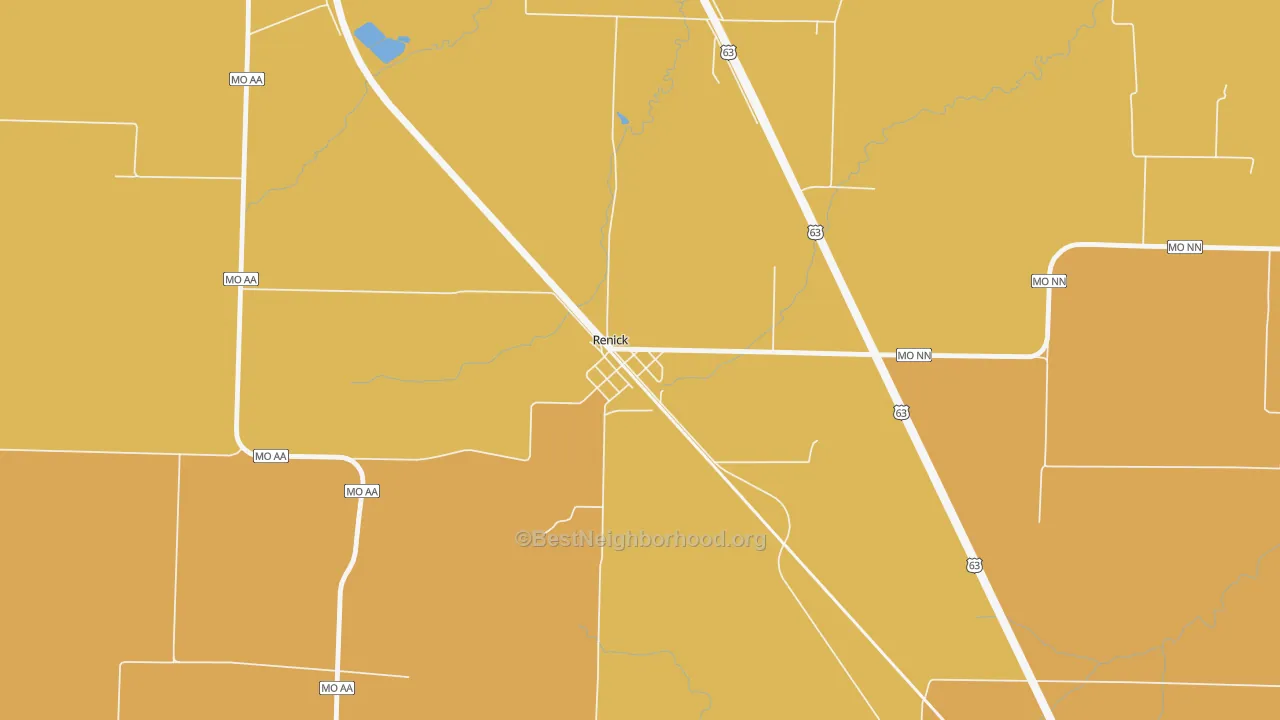 Map of the best neighborhoods in the 65278 area, with better matches in green and worse matches in red