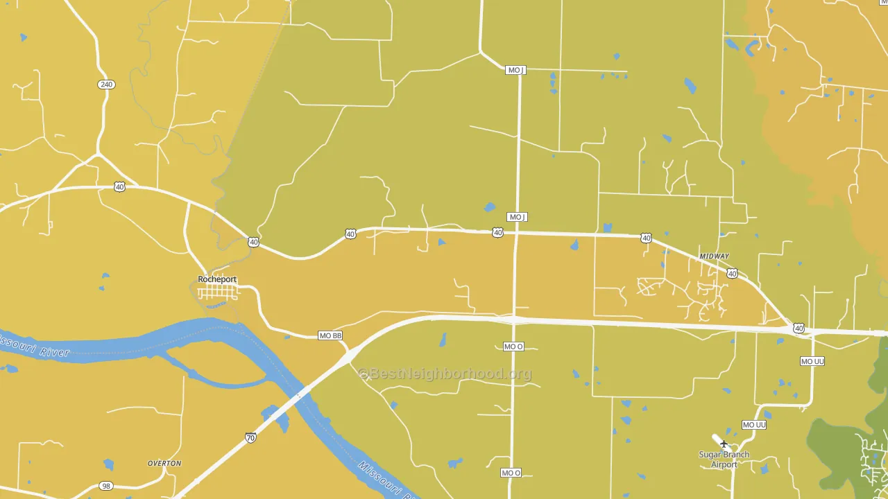 Map of the best neighborhoods in the 65279 area, with better matches in green and worse matches in red