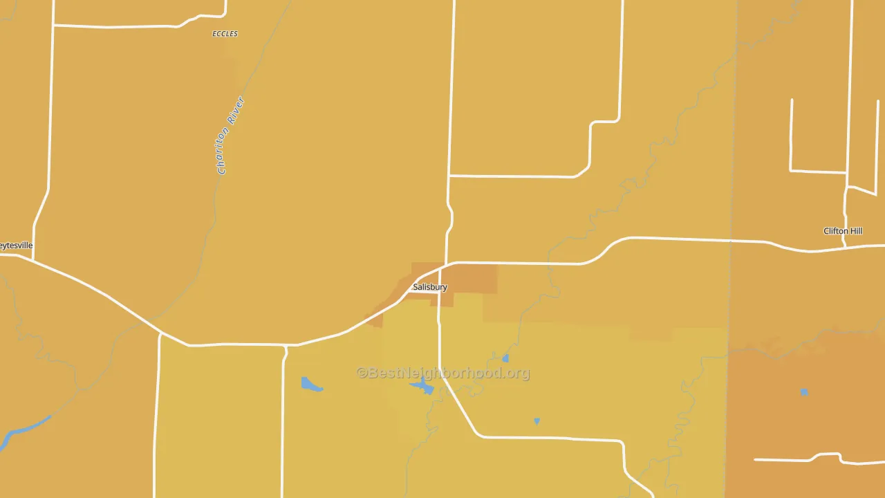 Map of the best neighborhoods in the 65281 area, with better matches in green and worse matches in red