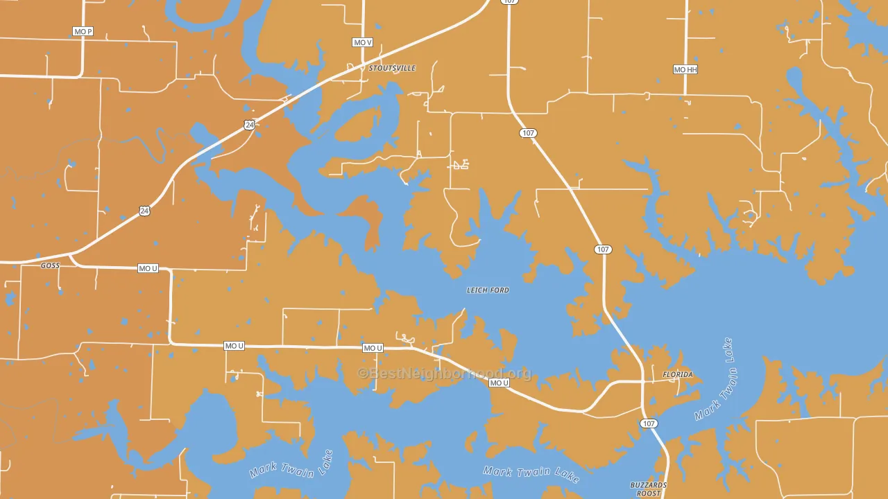 Map of the best neighborhoods in the 65283 area, with better matches in green and worse matches in red