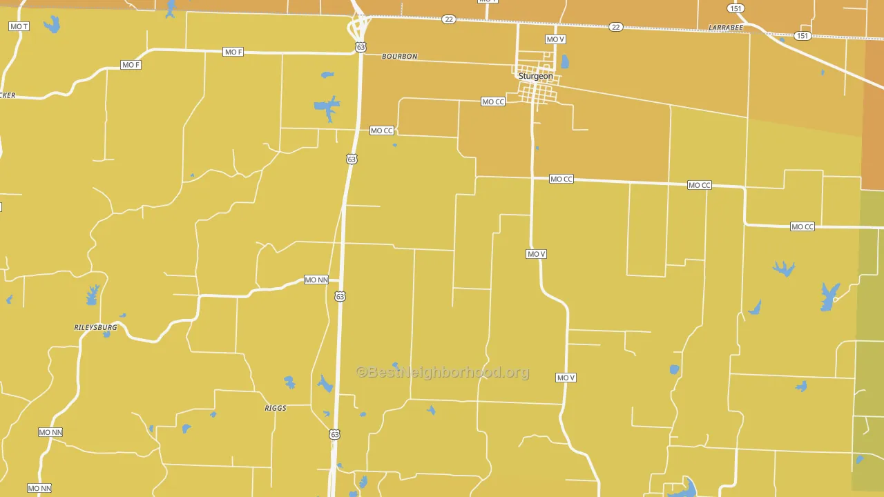 Map of the best neighborhoods in the 65284 area, with better matches in green and worse matches in red