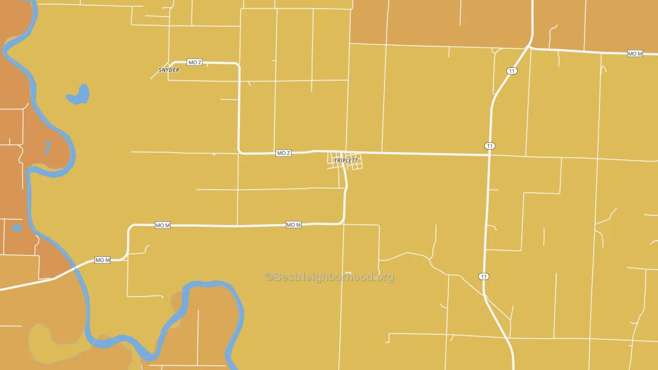 Map of the best neighborhoods in the 65286 area, with better matches in green and worse matches in red