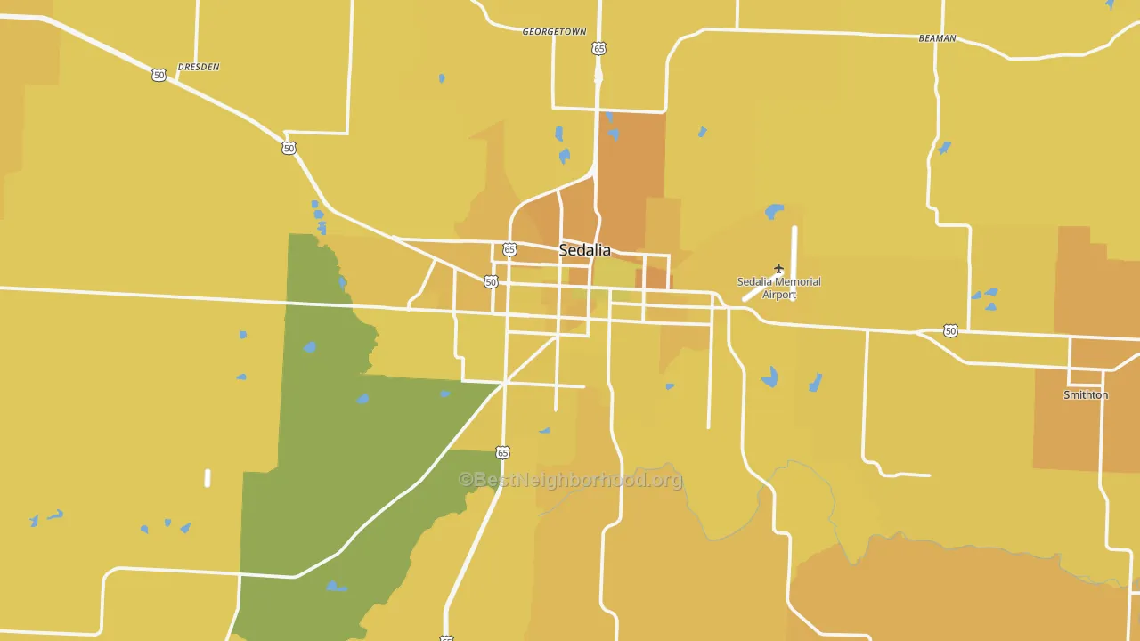 Map of the best neighborhoods in the 65301 area, with better matches in green and worse matches in red
