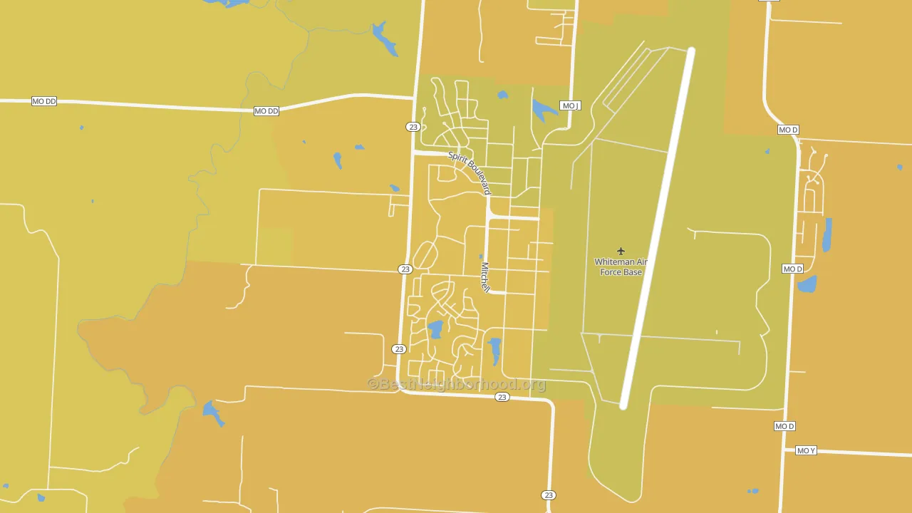 Map of the best neighborhoods in the 65305 area, with better matches in green and worse matches in red