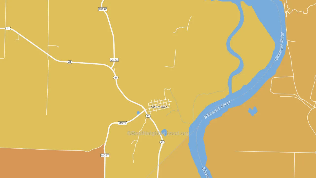 Map of the best neighborhoods in the 65320 area, with better matches in green and worse matches in red