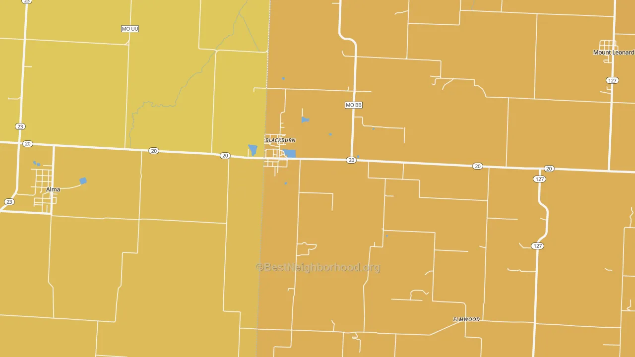 Map of the best neighborhoods in the 65321 area, with better matches in green and worse matches in red