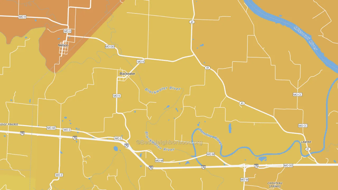 Map of the best neighborhoods in the 65322 area, with better matches in green and worse matches in red