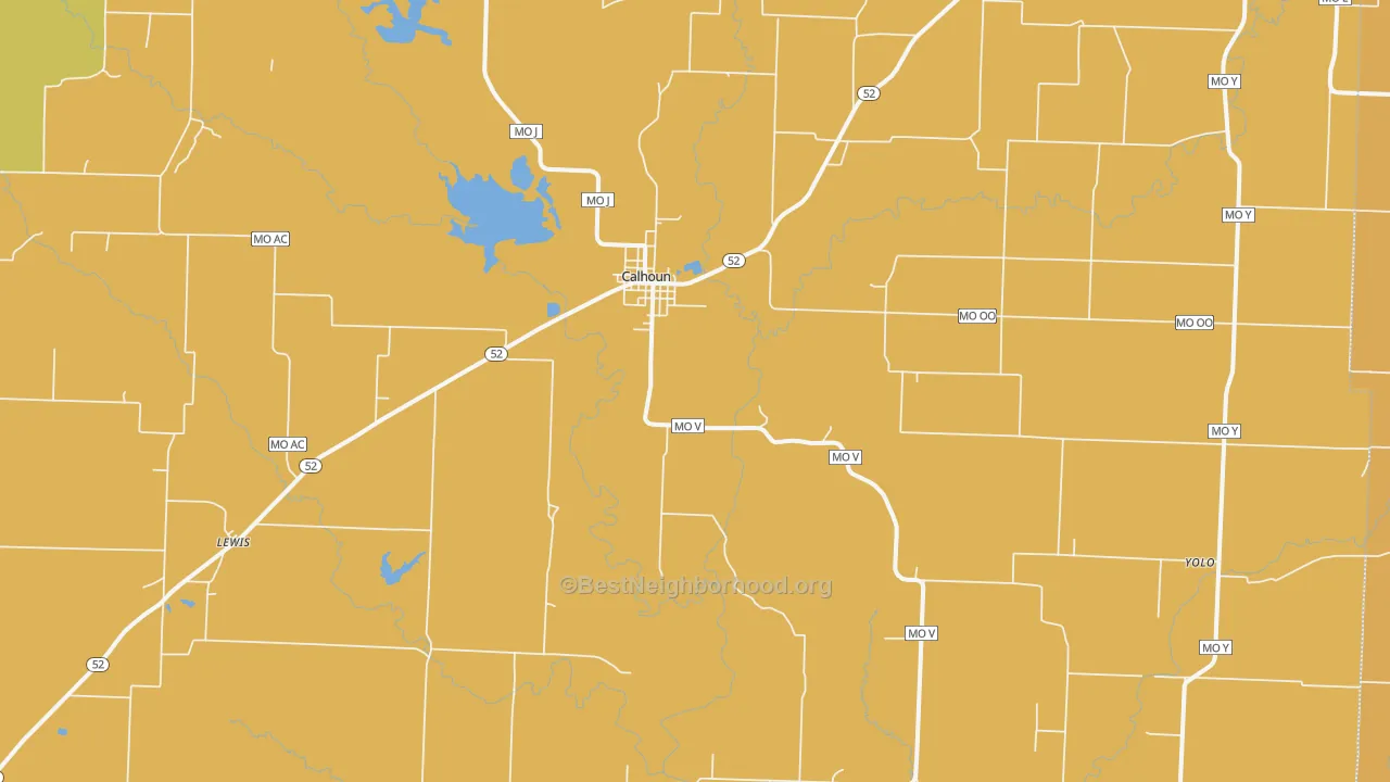 Map of the best neighborhoods in the 65323 area, with better matches in green and worse matches in red