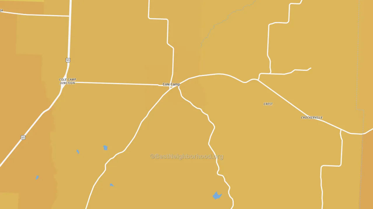 Map of the best neighborhoods in the 65325 area, with better matches in green and worse matches in red