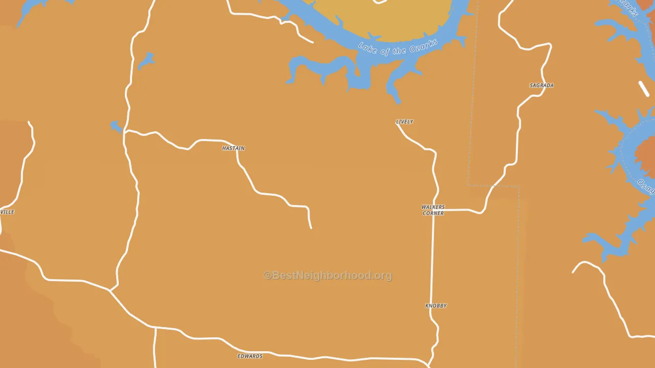 Map of the best neighborhoods in the 65326 area, with better matches in green and worse matches in red