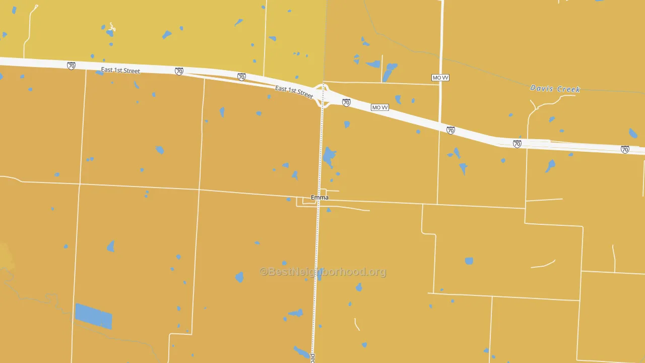 Map of the best neighborhoods in the 65327 area, with better matches in green and worse matches in red
