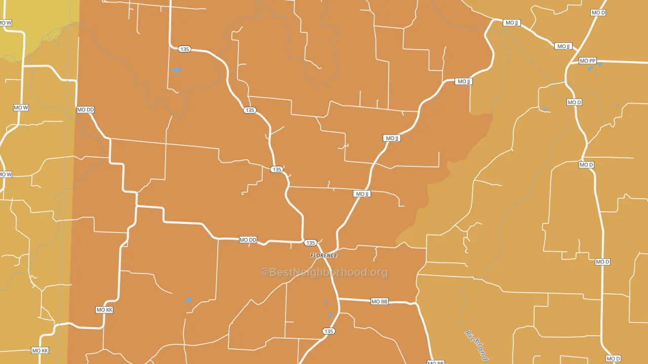 Map of the best neighborhoods in the 65329 area, with better matches in green and worse matches in red