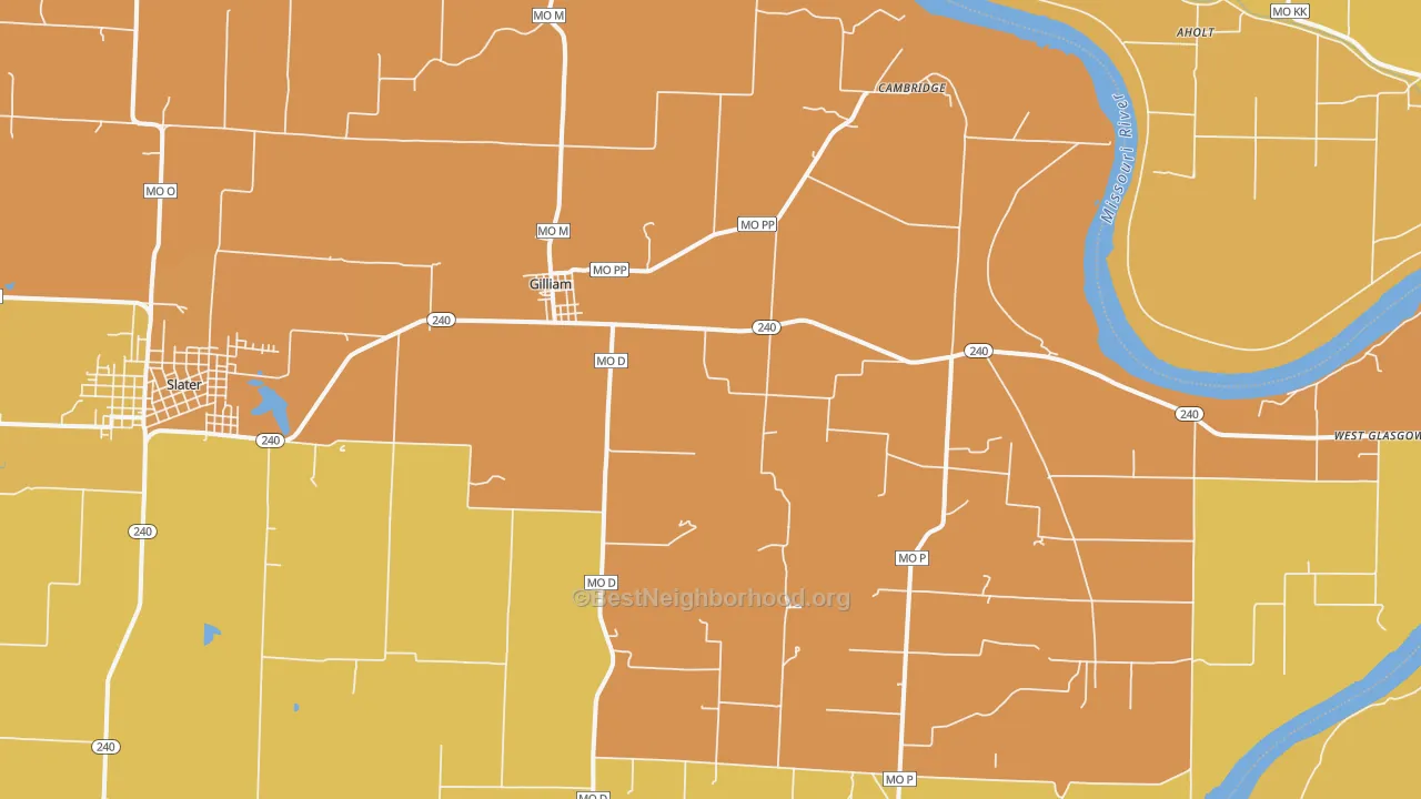 Map of the best neighborhoods in the 65330 area, with better matches in green and worse matches in red
