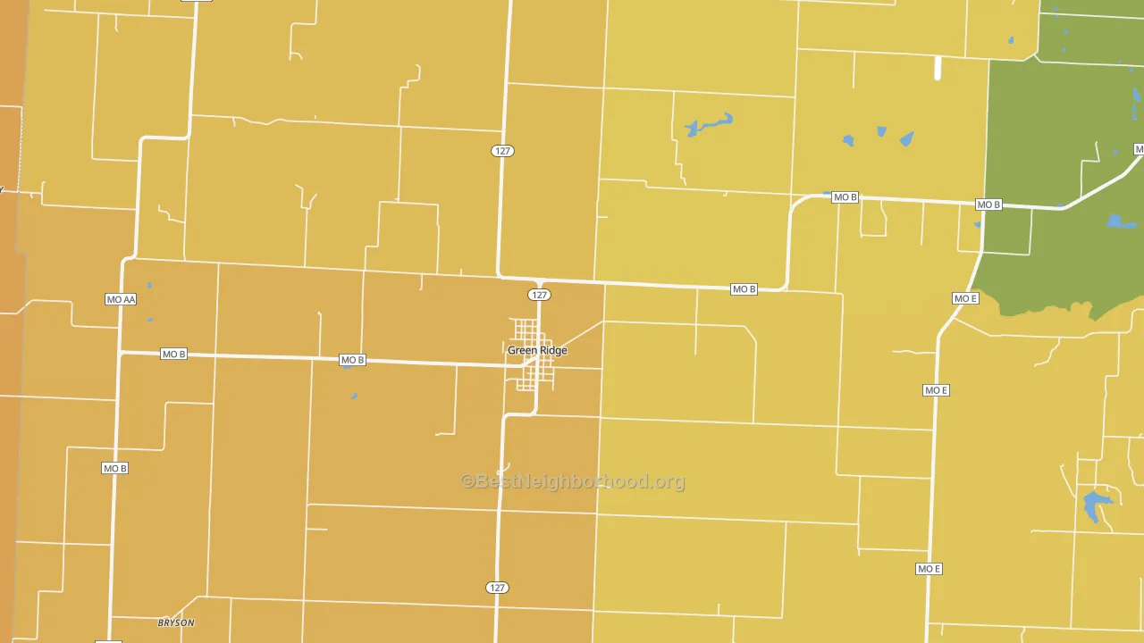 Map of the best neighborhoods in the 65332 area, with better matches in green and worse matches in red