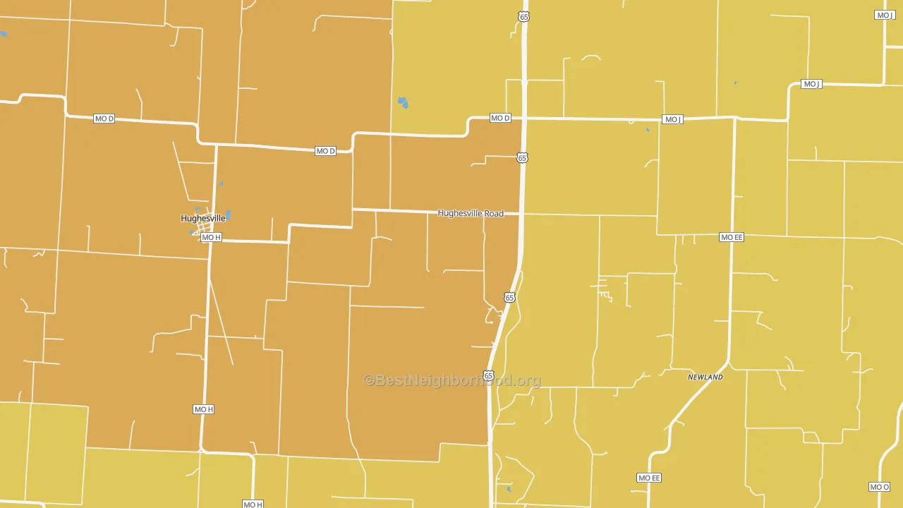 Map of the best neighborhoods in the 65334 area, with better matches in green and worse matches in red