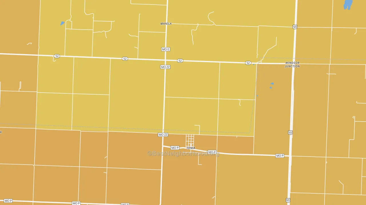 Map of the best neighborhoods in the 65335 area, with better matches in green and worse matches in red