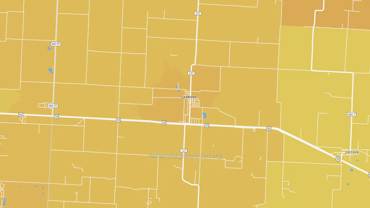 Map of the best neighborhoods in the 65337 area, with better matches in green and worse matches in red