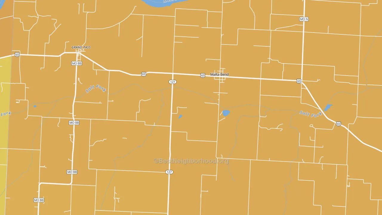 Map of the best neighborhoods in the 65339 area, with better matches in green and worse matches in red