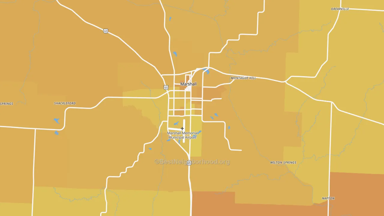 Map of the best neighborhoods in the 65340 area, with better matches in green and worse matches in red