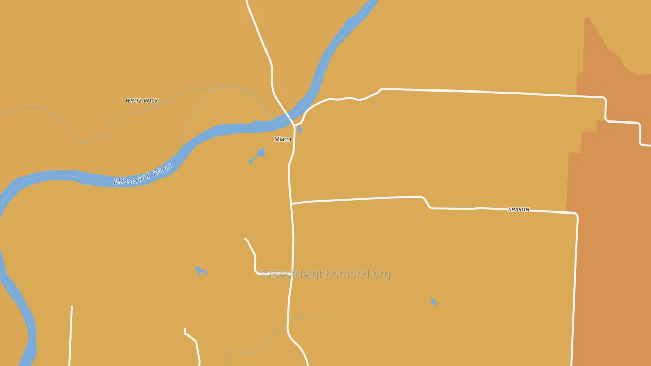 Map of the best neighborhoods in the 65344 area, with better matches in green and worse matches in red