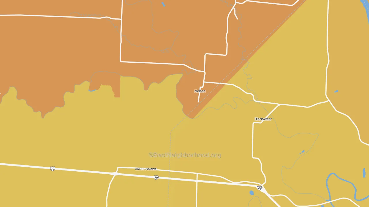 Map of the best neighborhoods in the 65347 area, with better matches in green and worse matches in red