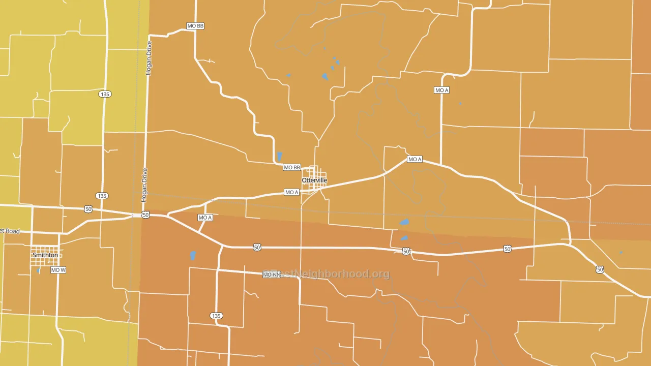 Map of the best neighborhoods in the 65348 area, with better matches in green and worse matches in red