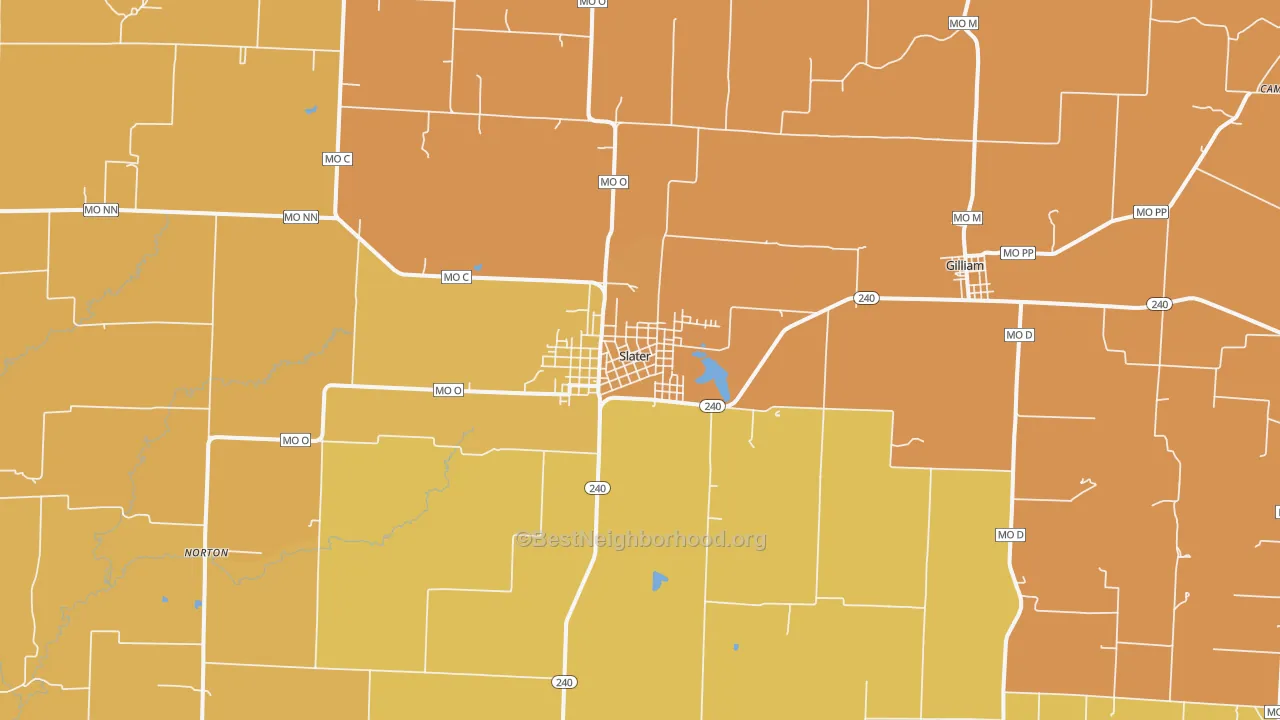Map of the best neighborhoods in the 65349 area, with better matches in green and worse matches in red