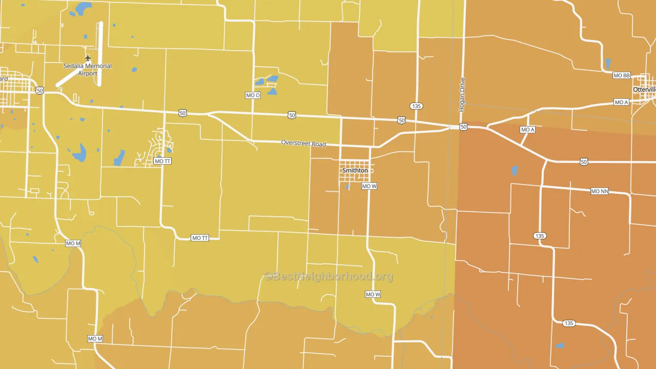 Map of the best neighborhoods in the 65350 area, with better matches in green and worse matches in red