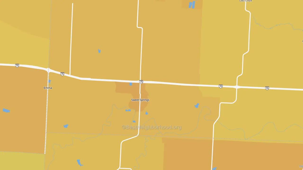 Map of the best neighborhoods in the 65351 area, with better matches in green and worse matches in red