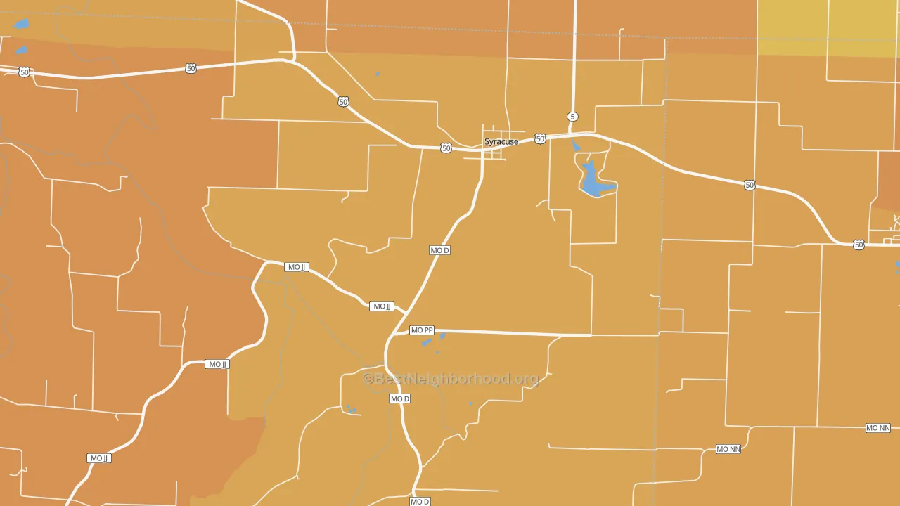 Map of the best neighborhoods in the 65354 area, with better matches in green and worse matches in red