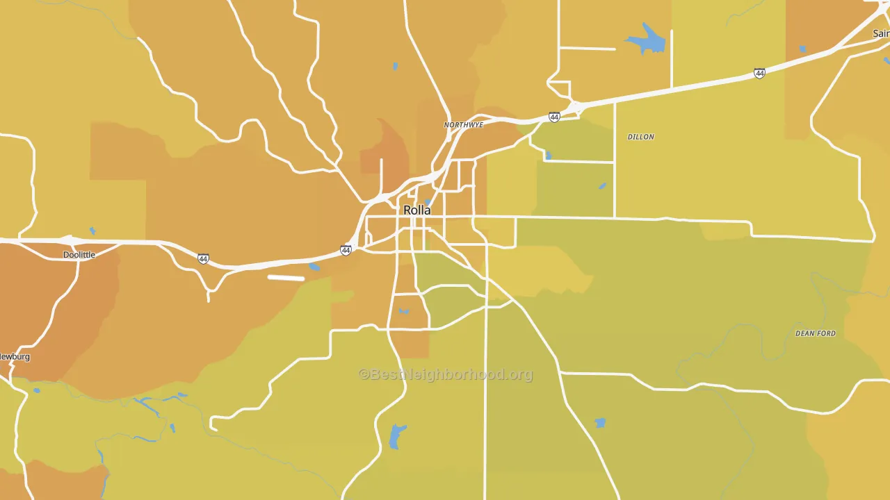 Map of the best neighborhoods in the 65401 area, with better matches in green and worse matches in red
