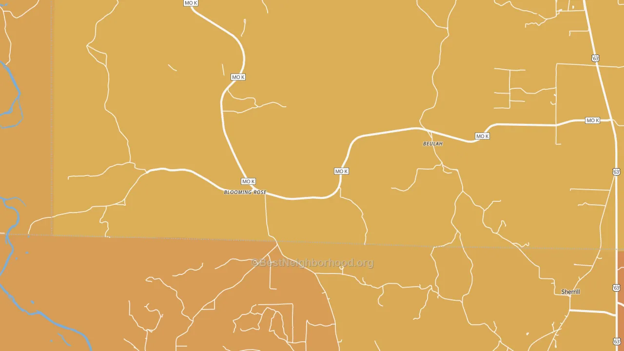 Map of the best neighborhoods in the 65436 area, with better matches in green and worse matches in red