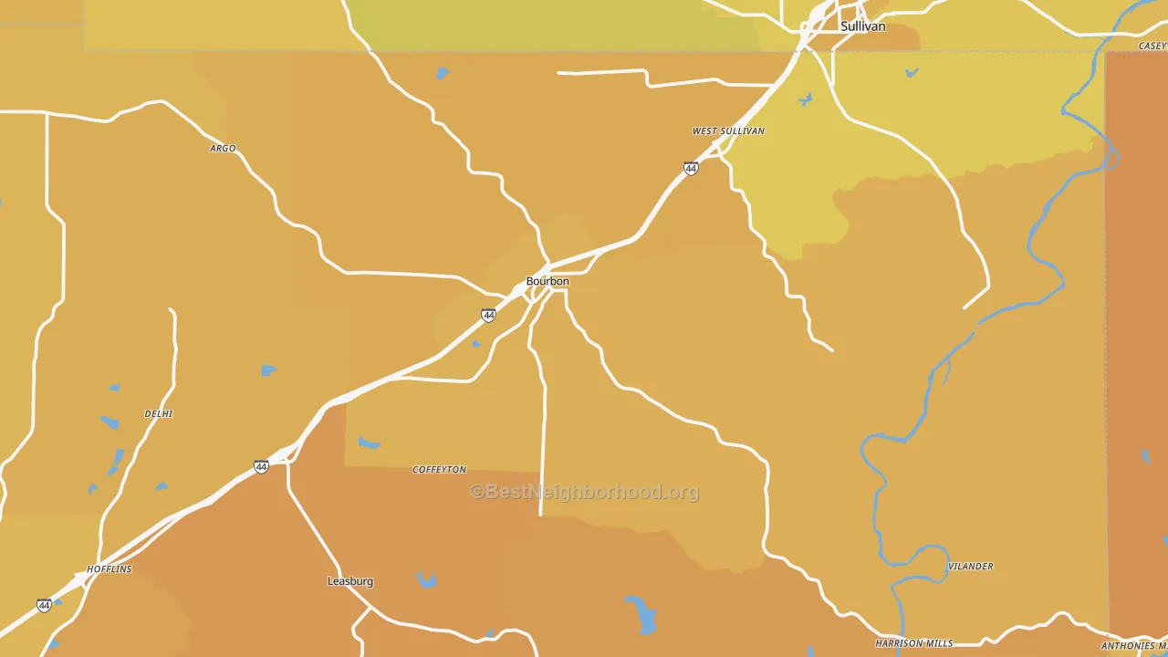 Map of the best neighborhoods in the 65441 area, with better matches in green and worse matches in red