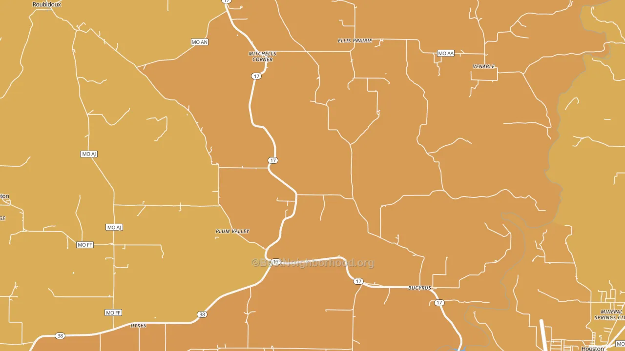 Map of the best neighborhoods in the 65444 area, with better matches in green and worse matches in red