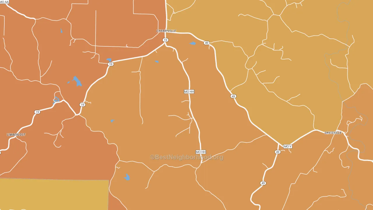 Map of the best neighborhoods in the 65446 area, with better matches in green and worse matches in red